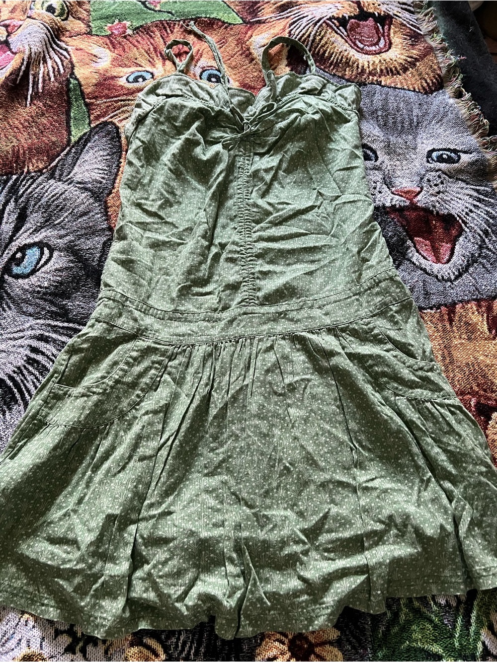 Lightweight Olive Green Sundress with Delicate Print ( With Pockets)